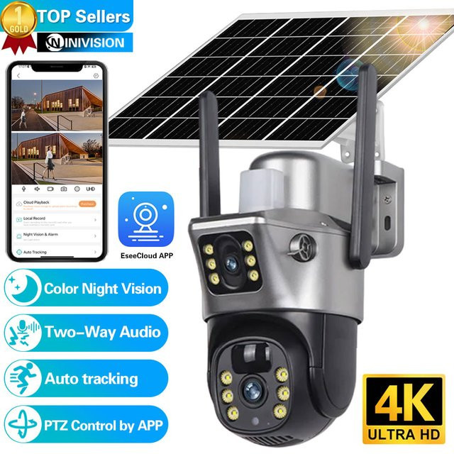 NINIVISION Solar WiFi Überwachungskamera mit Dual Lens und Dual Screen, 4K 8MP, PTZ-Steuerung, Auto Tracking und Bewegungserkennung, Grau - Bild 1