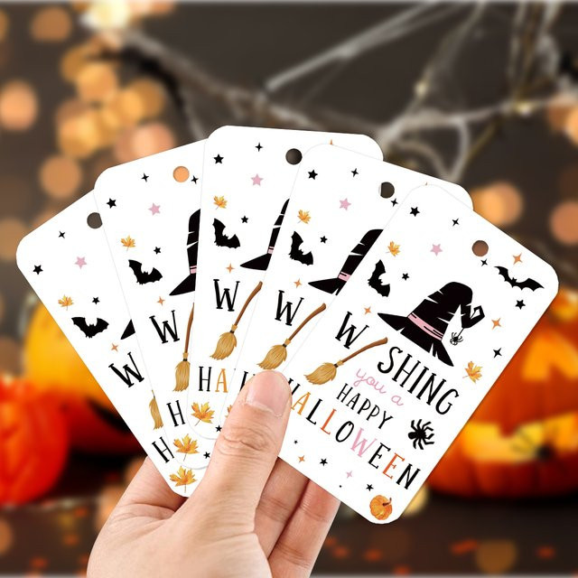 50 Stück Halloween-Geschenketiketten aus Papier mit Hanfseil im Design von Hexenhüten und Kürbissen zur DIY-Verpackungsdekoration - Bild 1