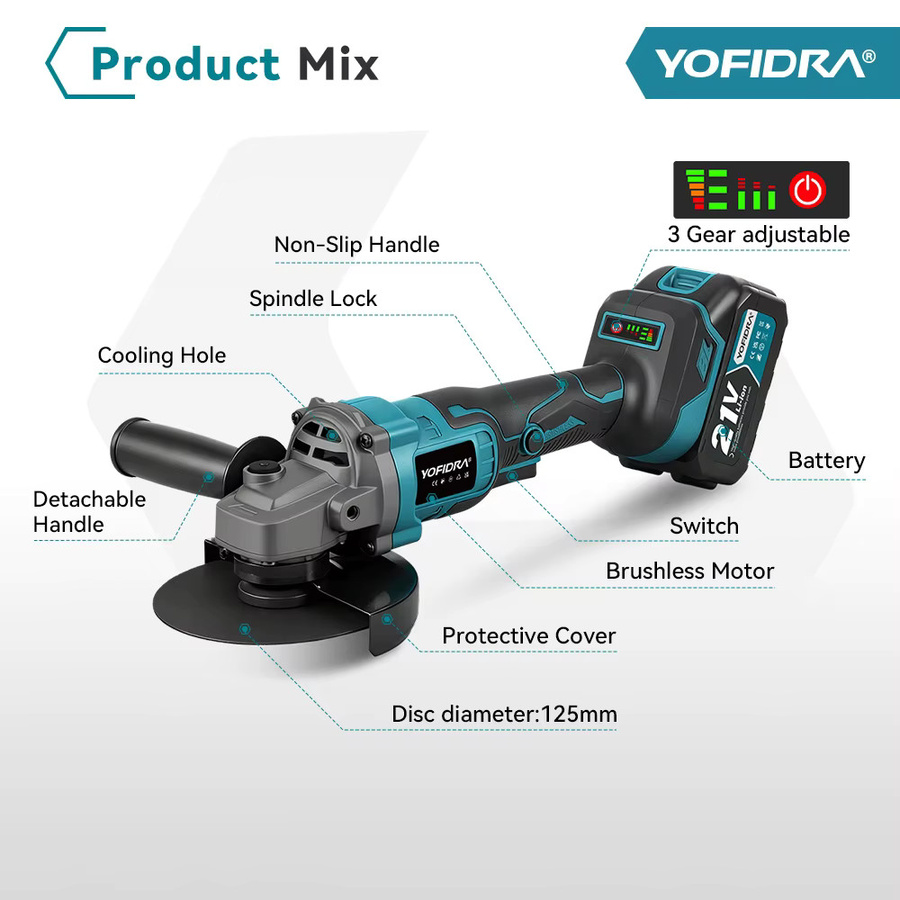 YOFIDRA Bürstenloser Winkelschleifer 125 mm mit 3 Gängen, kabellos, 21 V, kompatibel mit Makita LXT, zum Schleifen, Polieren und Schneiden von Metall und Holz - Bild 6