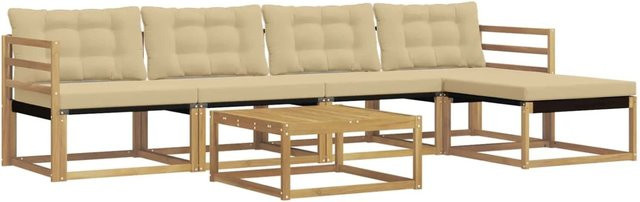 vidaXL Outdoor-Sofagarnitur aus Akazienholz in L-Form mit 6 Teilen, Weiß und Beige, inklusive Polster und Textilene-Elementen, B/T/H: 79 x 79 x 37 cm - Bild 1