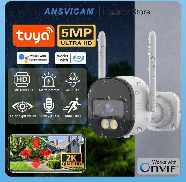 ANSVICAM Tuya WiFi IP-Kamera für den Außenbereich, 5 MP, 5 GHz WLAN Überwachungskamera mit automatischer Verfolgung, kompatibel mit Alexa und Google, Farbe: Weiß - Bild 1