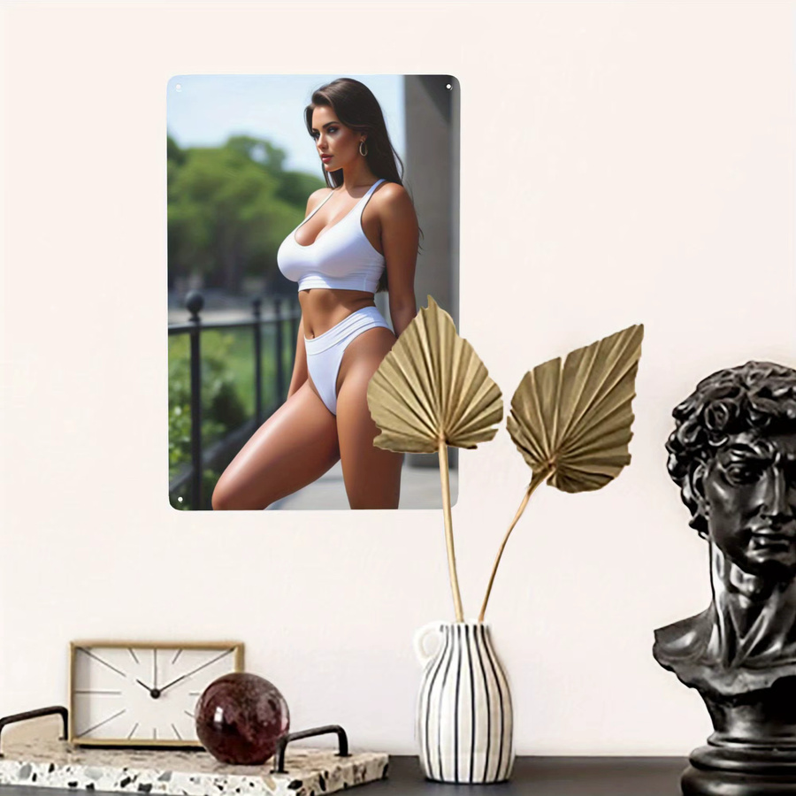 Moderne 2D Metall-Wandkunst von CIFBUY mit Motiv einer Frau in weißem Sport-Outfit vor grüner Balkonszene, Farbe: Weiß und Grün, Breite: 20,32 cm, Höhe: 30,48 cm - Bild 4