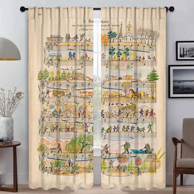 Vintage Musiknote Moskitonetz Vorhang aus Stoff in Beige, 2 Paneele, B: 50 cm, H: 70 cm - Bild 1