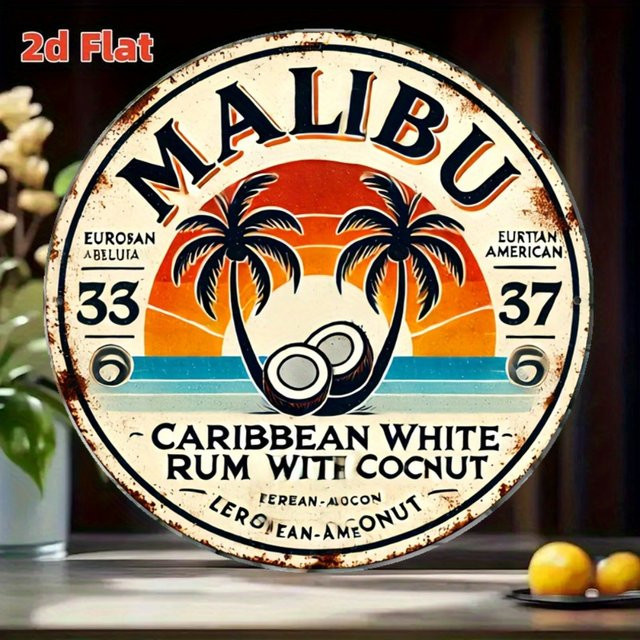Malibu Caribbean White Rum Vintage-Aluminiumschild mit Kokosnuss-Design, rund, Durchmesser: 20,3 cm, mehrfarbig, rustikales Metall-Design für deine Bar-Dekoration - Bild 1