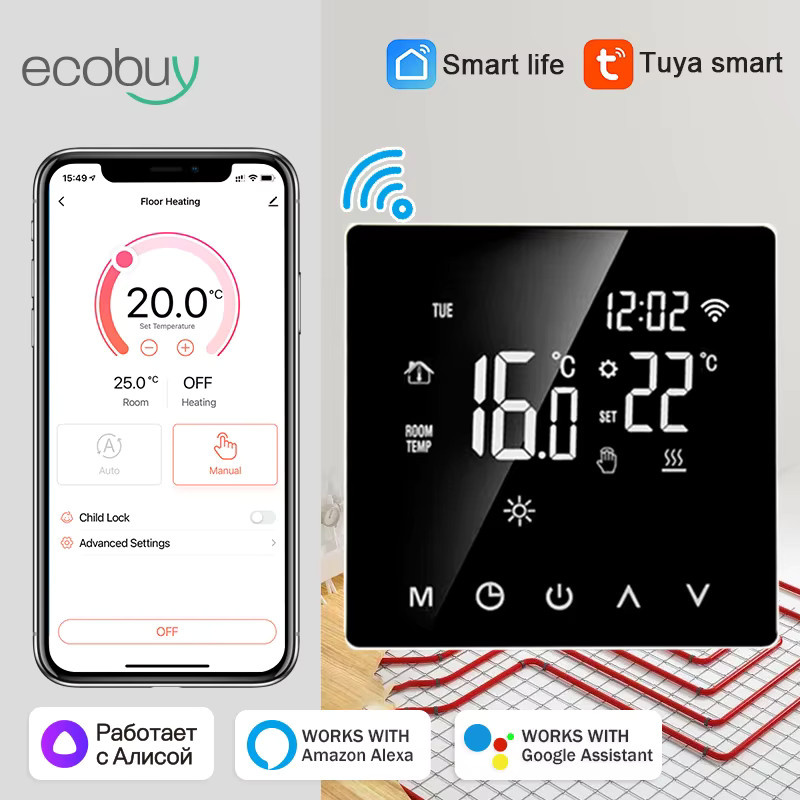 Tuya Smart Thermostat für Fußbodenheizung mit WiFi und App-Steuerung, Digitaler Temperaturregler in Schwarz mit Alexa Sprachsteuerung - Bild 2