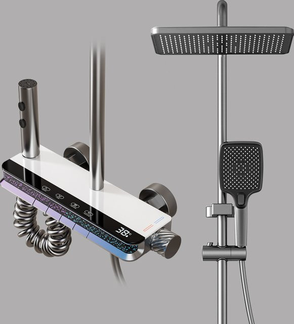 Digitales Duschsystem mit LED-Licht und Warm-Kalt-Armatur aus Messing in Weiß von washower - Bild 1