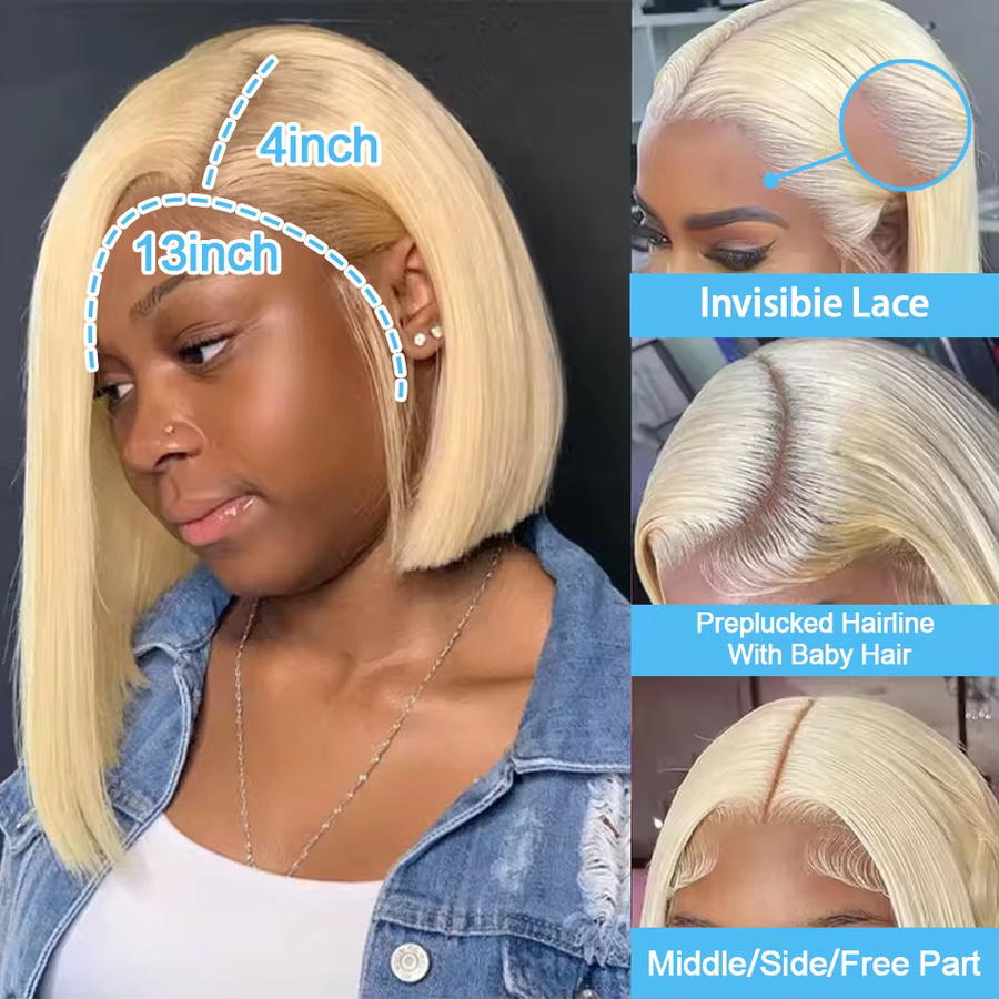 POPVIBES Blonde Kurze Bob Perücke, Echthaar, Transparent HD Spitze, Gerade - Bild 2