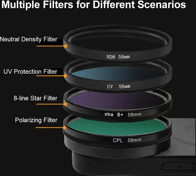 4-in-1 Handy-Filter-Set mit magnetischer kabelloser Lade-Telefonhülle für iPhone 17 Pro und iPhone 17 Pro Max, 58 mm Objektiv-Set mit CPL, ND, UV und Sternfilter, Farben: Grau und Schwarz - Bild 1