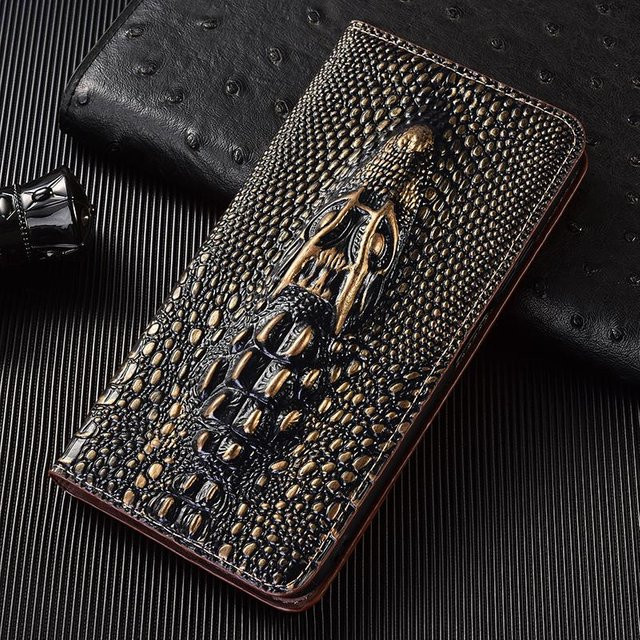 DR Automobile Retro 3D Krokodilkopf Klapphülle aus echtem Leder für Redmi Note Serie in Gold - Bild 1