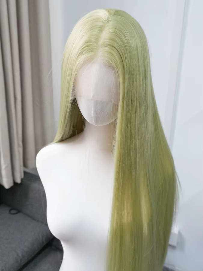 Lange gerade Lace-Front-Perücke, hellgrün, 26 Zoll, hitzebeständig, synthetisch - Bild 3