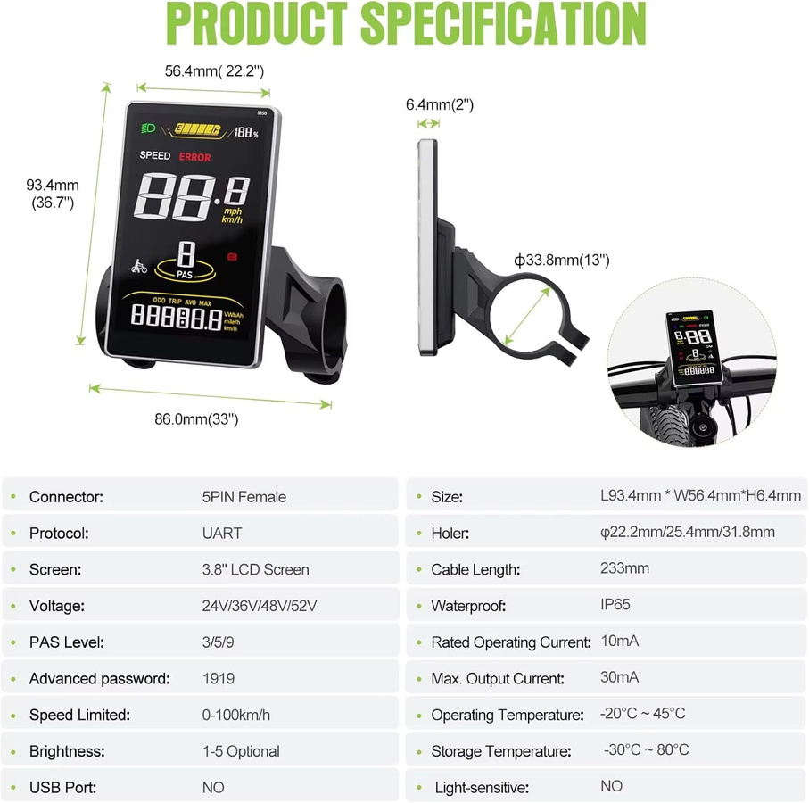 Bafang E-Bike Display SW2-M58 LCD-Bildschirm in Schwarz für BAFANG BBS01 BBS02 BBSHD UART Motoren, 3,8 Zoll wasserdichter E-Bike Tacho mit 5PIN Buchse - Bild 4