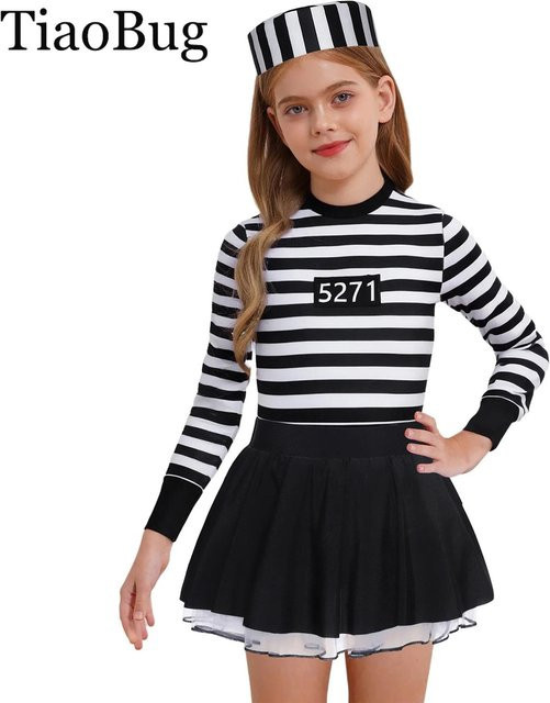 TiaoBug Mädchen Halloween Cosplay Jailbird Inmate Kostüm, Gestreiftes Puffy Prisoner Kleid, Schwarz, Weiß - Bild 1