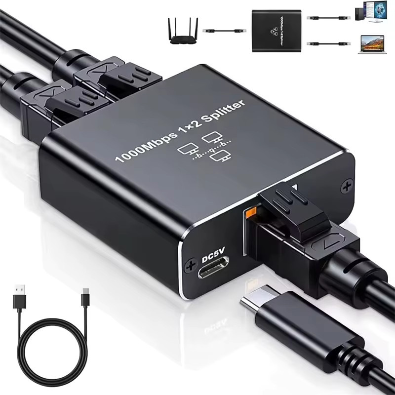 OUIO Gigabit 1000Mbps Ethernet Netzwerk Splitter 1 auf 2 LAN Adapter in Schwarz - Bild 2