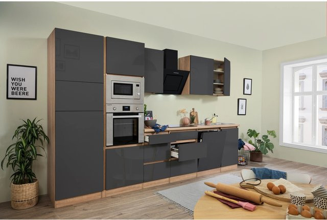 Respekta Premium Küchenzeile modern in Grau Hochglanz und Eiche Sonoma, B/H/T: 345 x 220,5 x 60 cm - Bild 1