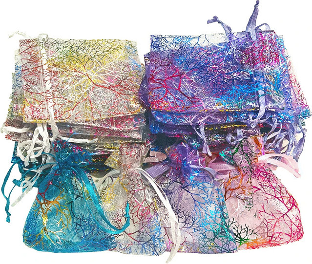 Bunte Organza Geschenkbeutel mit Korallen-Druck und Kordelzug zur Schmuckverpackung für Hochzeiten und Partys - Bild 1