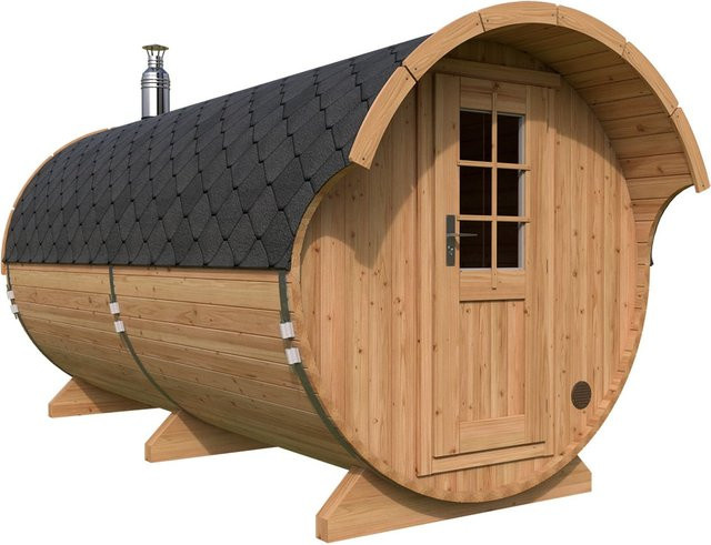 Hansagarten24 Fasssauna mit Vordach aus Thermoholz in Braun, B/T/H: 400 x 200 cm - Bild 1