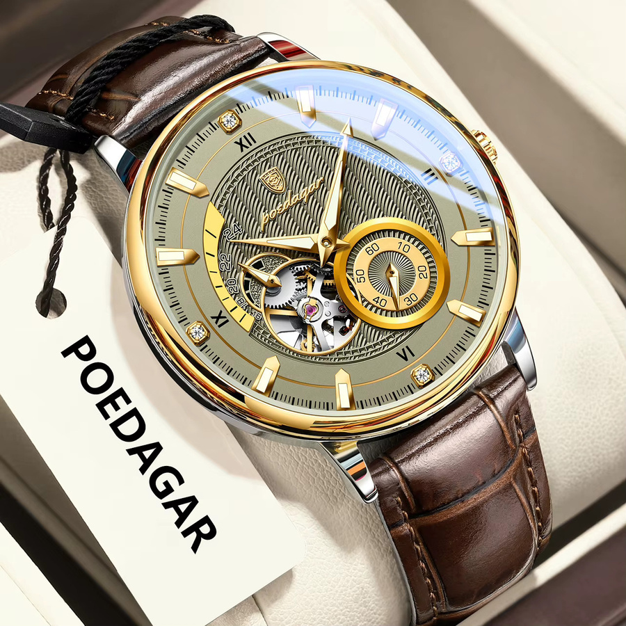 POEDAGAR Armbanduhr Automatik, Leder, Gold, Herren - Bild 2