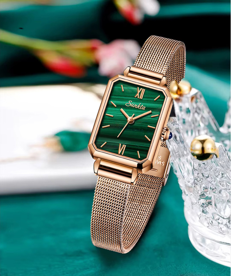 LIGE Armbanduhr, Quarz, Eckig, Roségold, Grün, Milanaise, Damen - Bild 3