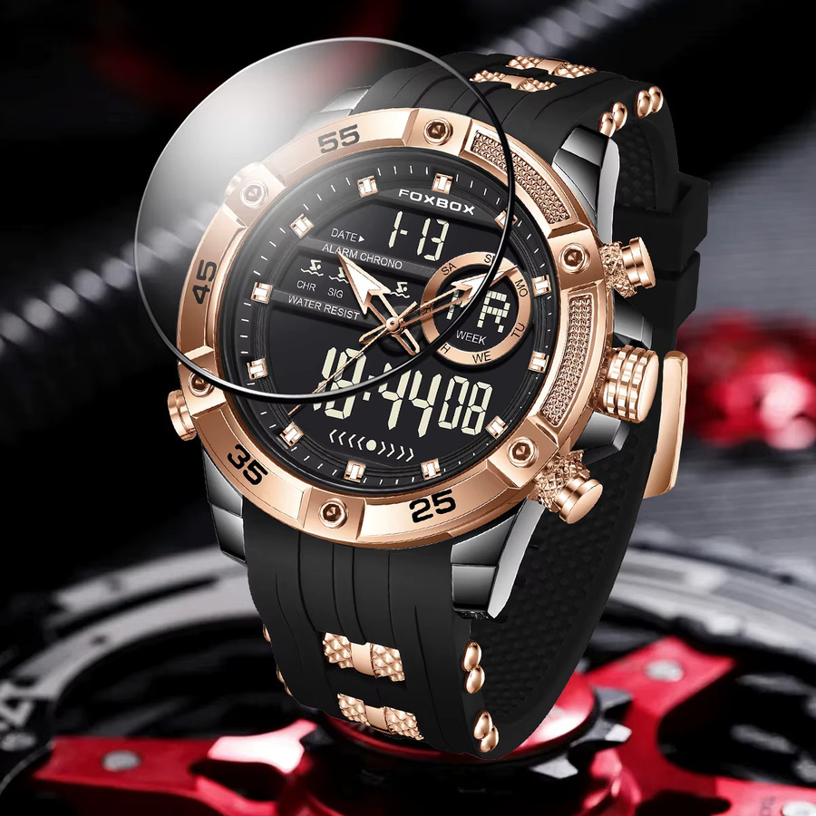 FOXOBOX Armbanduhr, Analog-Digital, Quarz, Chronograph, Edelstahl, Kautschuk, Herren, Schwarz - Bild 3