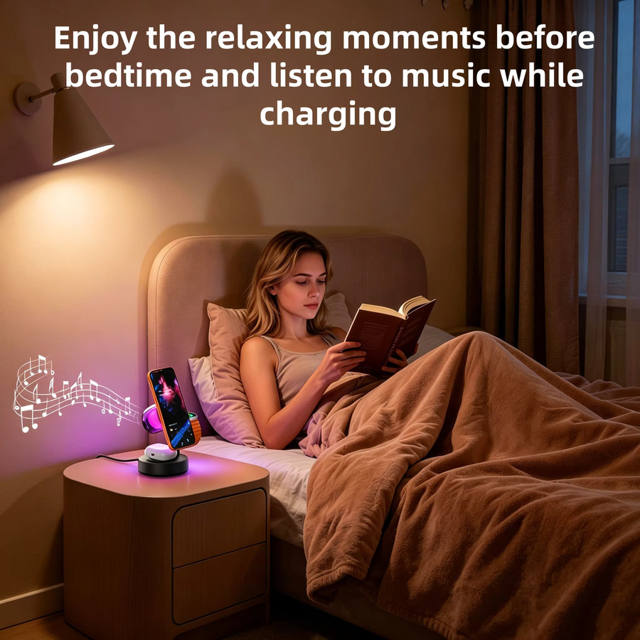 TIMESS Ambient Light Qi2.2 Lautsprecher 25W mit kabellosem magnetischem Ladegerät für iPhone, Apple Watch und Samsung Galaxy Watch, Schwarz - Bild 6