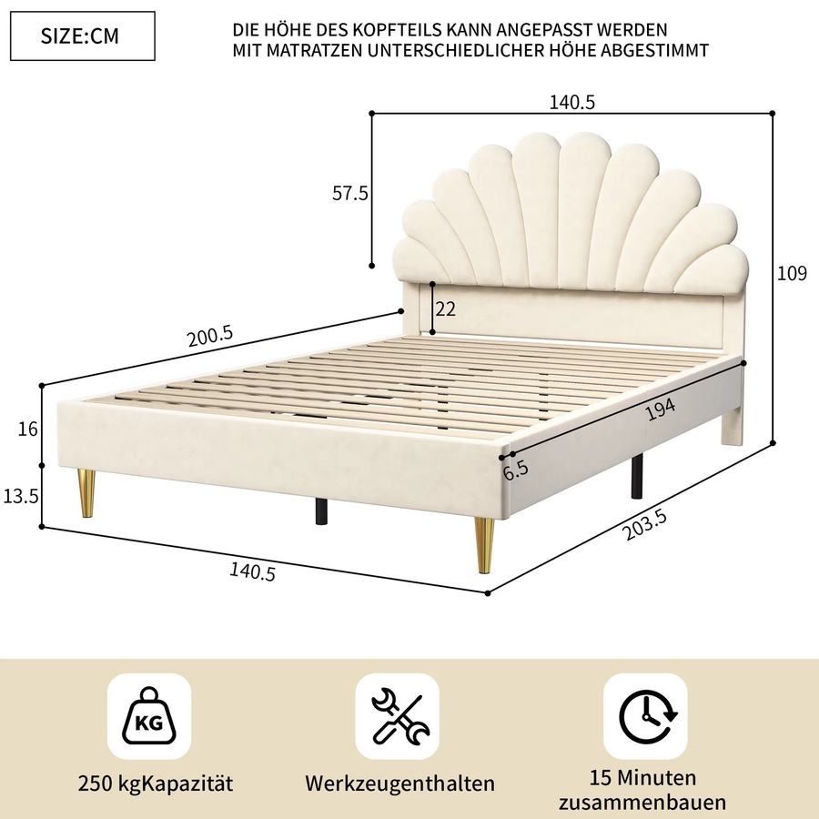 MEXUS Gepolstertes Doppelbett mit blütenförmigem Kopfteil in Beige, Samt-Design, B/T: 140 x 200 cm - Bild 2