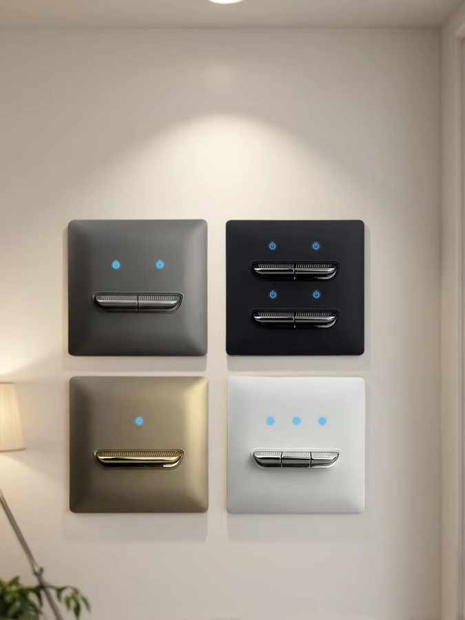 Modernes Wallpad Wandschalter mit LED-Beleuchtung und gebogenem Panel in Mattschwarz und Weißgold mit grauer Optik - Bild 3