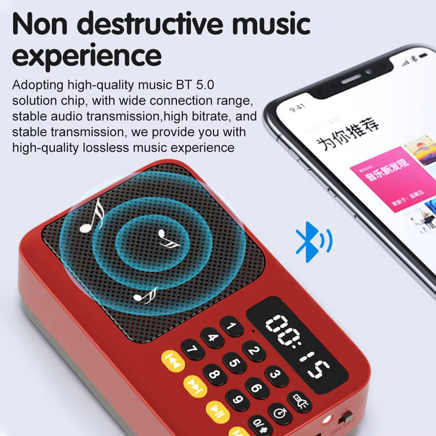 Tragbarer Bluetooth-Lautsprecher und FM-Radioempfänger von Ockkic in Grün mit LCD-Display, LED-Taschenlampe und USB- sowie TF-Musikplayer - Bild 3