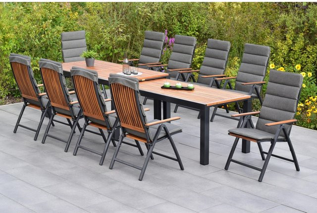 Merxx Athos Gartentisch Set 21-tlg aus Akazienholz und Aluminium mit grauen Kissen, ausziehbar, B: 180 bis 360 cm, T: 100 cm - Bild 1
