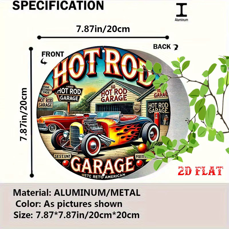 Potdemiel Vintage Hot Rod Garage Rundes Aluminiumschild mit Flaming Flames Retro-Metallwandkunst in Mehrfarbig - Bild 2