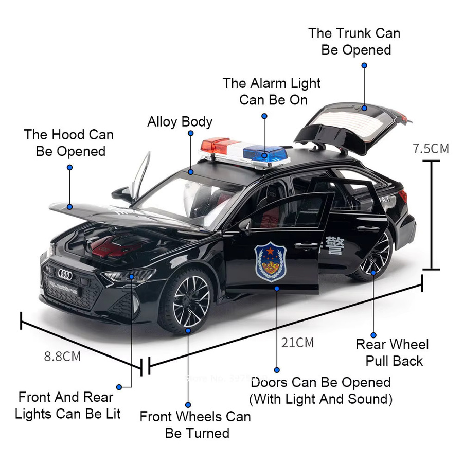 caipo RS6-Polizeiautos, Legierungsmodelle, Maßstab 1:24, mit Licht und Ton, 6 Türen geöffnet - Bild 1