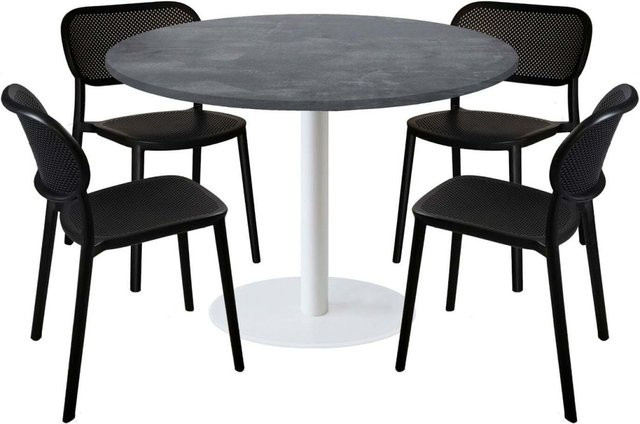 RestooTab Esstisch-Set Rome XL mit 4 Stühlen, runder Tisch in Steingrau mit weißem Gestell und schwarzem Untergestell, B/T/H: 120 x 120 x 75 cm - Bild 1