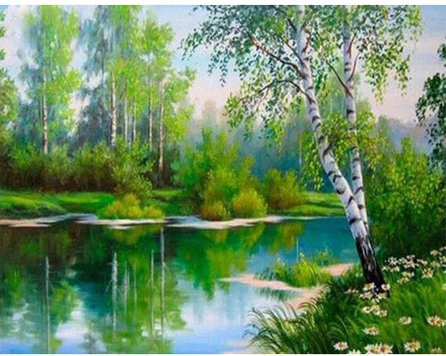 FIYO Diamantmalerei Frühlingslandschaft mit Wald und See, Kreuzstich-Set, Mehrfarbig, Breite: 30 cm, Höhe: 40 cm - Bild 1