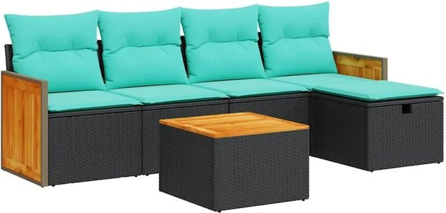 vidaXL 6-teilige Garten-Sofagarnitur in L-Form mit Polsterkissen und Couchtisch, Schwarz, Poly-Rattan und Metall - Bild 1