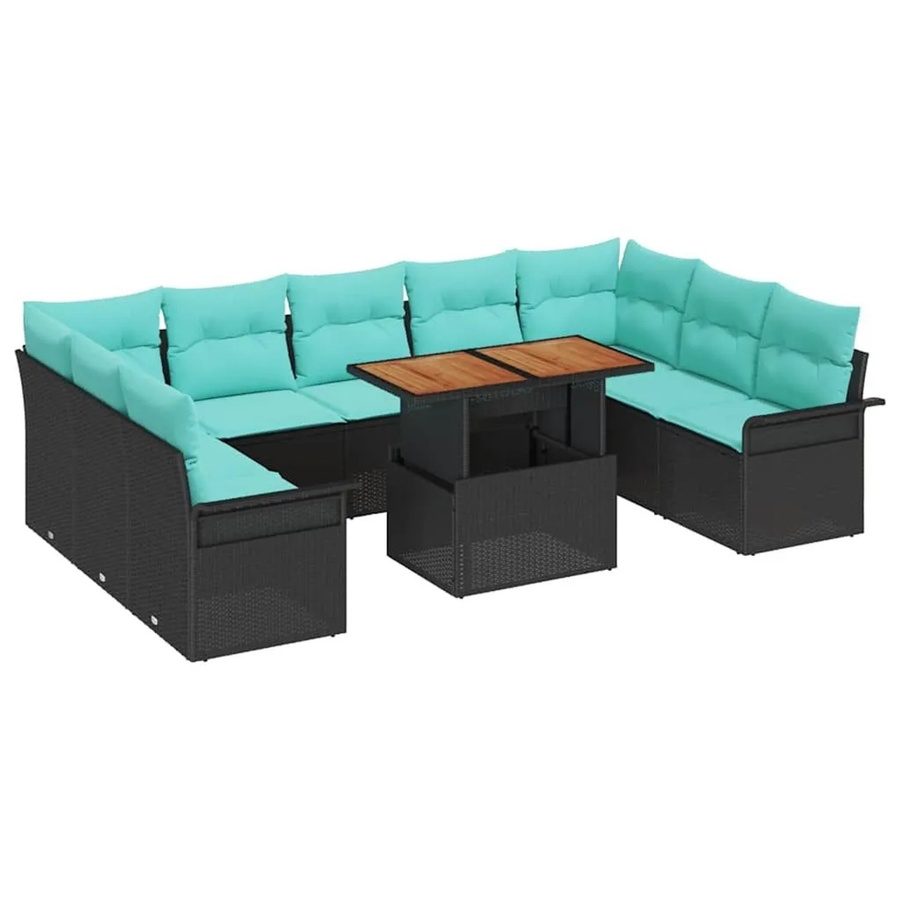 vidaXL Garten-Sofa-Set in U-Form mit Polstern und Speicherfunktion, Schwarz und Türkis, Poly-Rattan mit Metallgestell - Bild 2