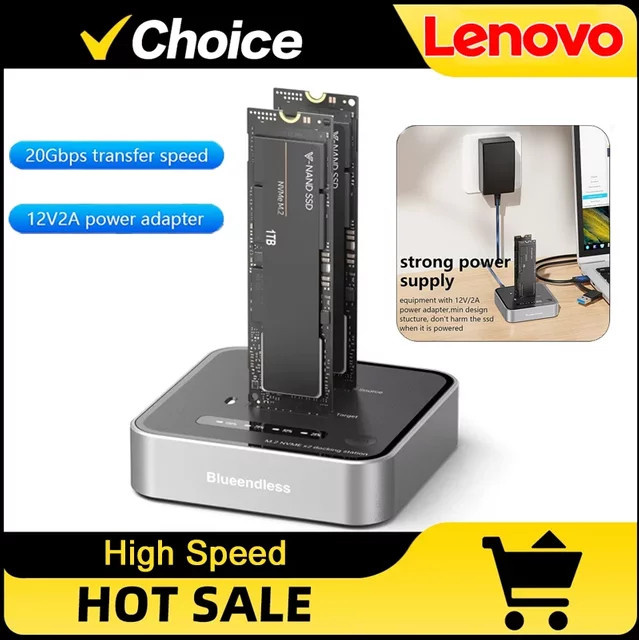 Lenovo Dual-Bay M.2 NVMe SSD-Klon-Gerät in Silber mit 20 Gbit/s USB 3.2 Typ-C Offline-Duplikator und NVMe PCIe-Gehäuse - Bild 1