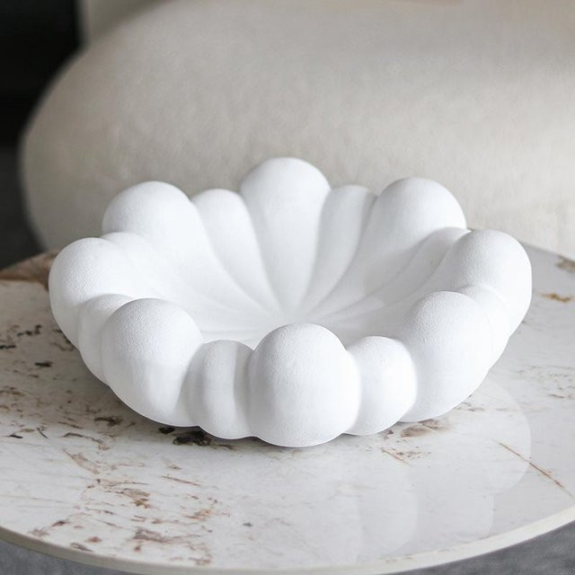 Nordische Designer Obstschale aus Keramik mit Blütenblatt-Muster in Grau und Weiß, Durchmesser: 35,0 cm, Höhe: 12,0 cm - Bild 1