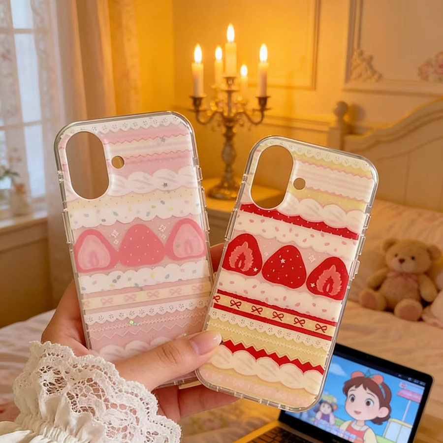 Erdbeer-Kuchen-Handyhülle mit Spitzen-Design und Feder-Textur für Apple iPhone 11 bis iPhone 17 Pro Max - Bild 1