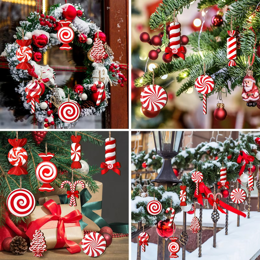 DUTRIEUX Weihnachts-Zuckerstangen Holzornamente rot-weiß gestreift als Anhänger für Weihnachtsbaum und Heimdekoration - Bild 2