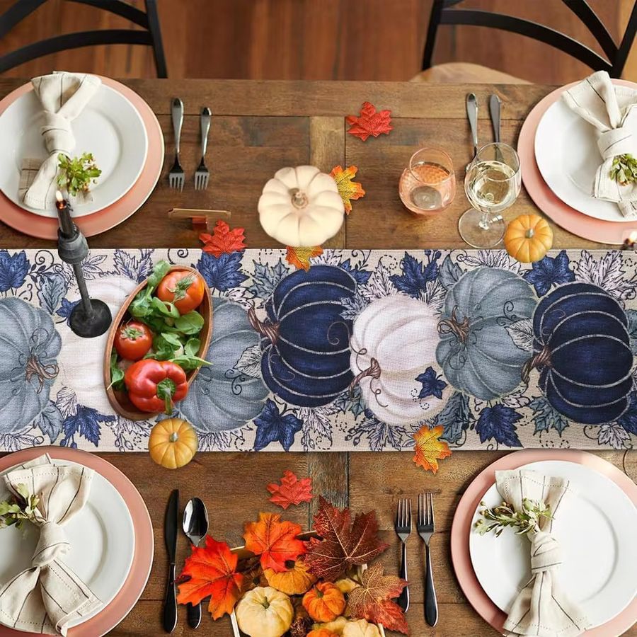 VIKAMA Tischläufer Herbst Thanksgiving mit Vintage Kürbis und Ahornblatt im Bauernhaus-Stil - Bild 3
