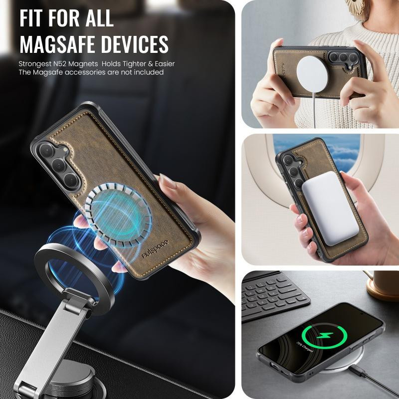 Magnetische Leder Klapphülle mit Brieftaschenfunktion für Samsung Galaxy S25 Edge S24 Ultra Plus A56 A36 A26 A16 in Braun - Bild 2