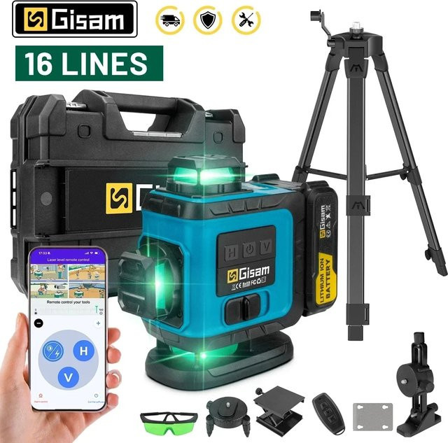 Gisam 16-Linien 4D-Laser mit Stativ, selbstnivellierender Kreuzlinienlaser in Grün, 360 Grad horizontal und vertikal - Bild 1