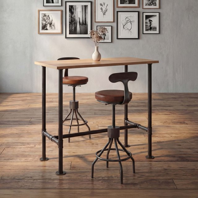 MCW Set Bartisch und 2 Barhocker im Industrial Design aus Metall und Kunstleder, Farbe Braun, B/T/H: 120 x 61 x 108 cm - Bild 1