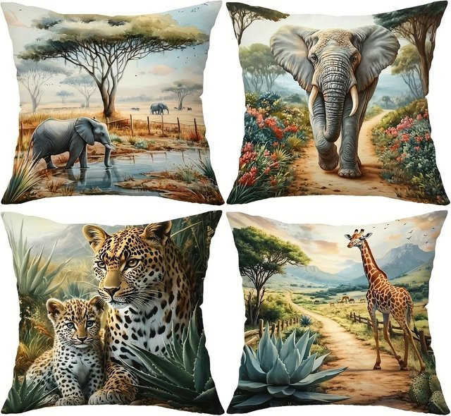 JFPillowPal Safari Kissenbezüge mit afrikanischen Wildtieren Leopard Elefant und Giraffe, Set aus 4 Stück, Mehrfarbig, B/H: 45 x 45 cm - Bild 1
