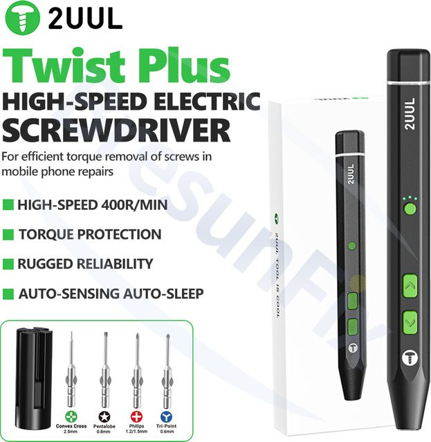 2UUL Twist Plus Elektroschrauber in Schwarz mit 400 U/min, Lichtfunktion und 4 Schraubendreher-Bits für die Mobiltelefon-Reparatur - Bild 1