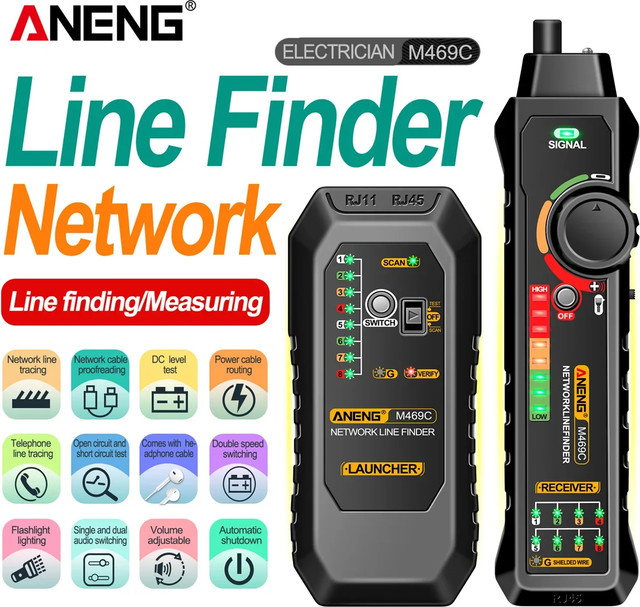 ANENG M469C Multifunktions-Netzwerkkabel-Finder und LAN-Kabeltester für RJ45 und RJ11 in Schwarz - Bild 1