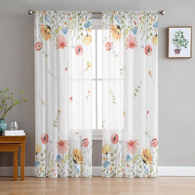 Super Six Transparenter Chiffon Vorhang mit Aquarell-Blumenmuster in Weiß, Breite: 135 cm, Höhe: 114 cm - Bild 1
