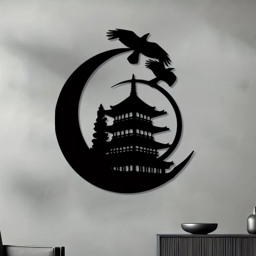 CIFBUY Pagoden-Krähe Wandkunst aus Metall in Schwarz – Asiatische Tier-Dekoration für Wand und Garten - Bild 3
