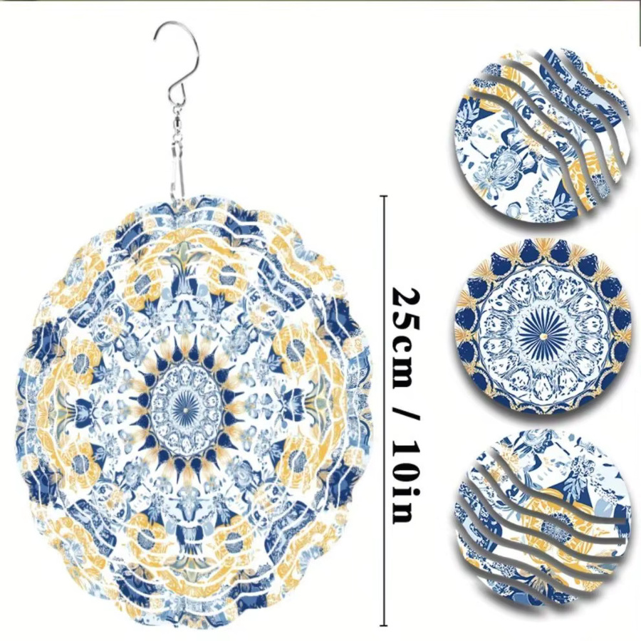 HELLOYOUNG Mandala-Windspiel aus Metall in Blau und Gold mit Blumenmuster als hängende Außendekoration - Bild 4