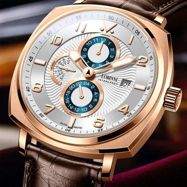LOBINNI Armbanduhr Automatik, Edelstahl, Roségold, Leder, Herren - Bild 1