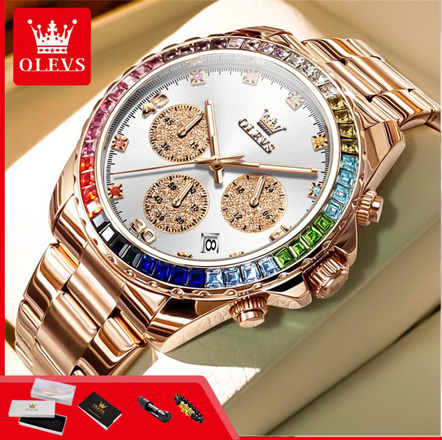 OLEVS Chronograph Herrenuhr, Edelstahl, Quarz, Regenbogen-Edelsteinlünette, Bunt - Bild 1